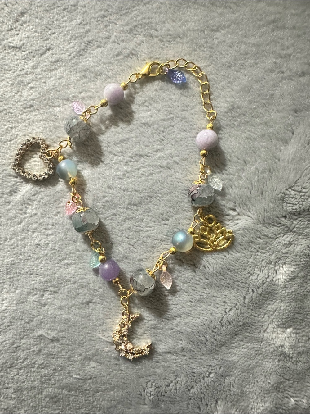 Gold Charm Bracelet with Pastel Beads and Moon Pendant